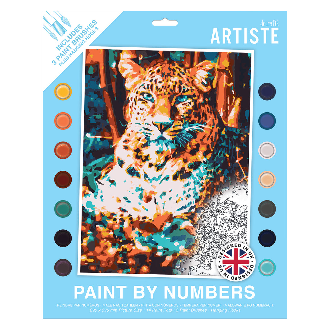 Colour Ink Lepoard Artiste Paint By Numbers Resting Leopard 14 Colour Paint, 3 Brush Set,