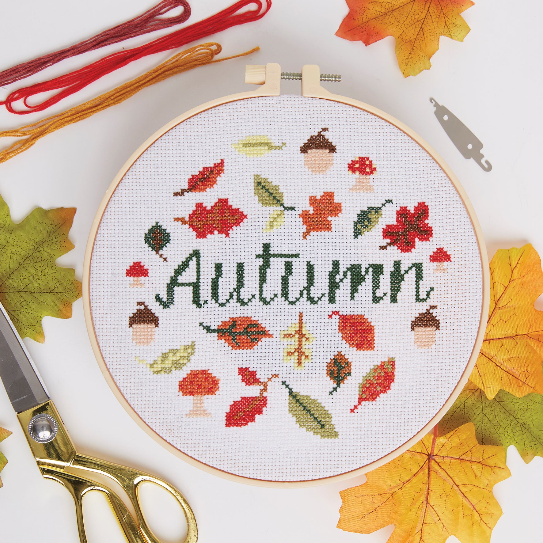 Autumn embroidered outlet picture, cross stitching kit for adults, fall landscape embroidery pattern